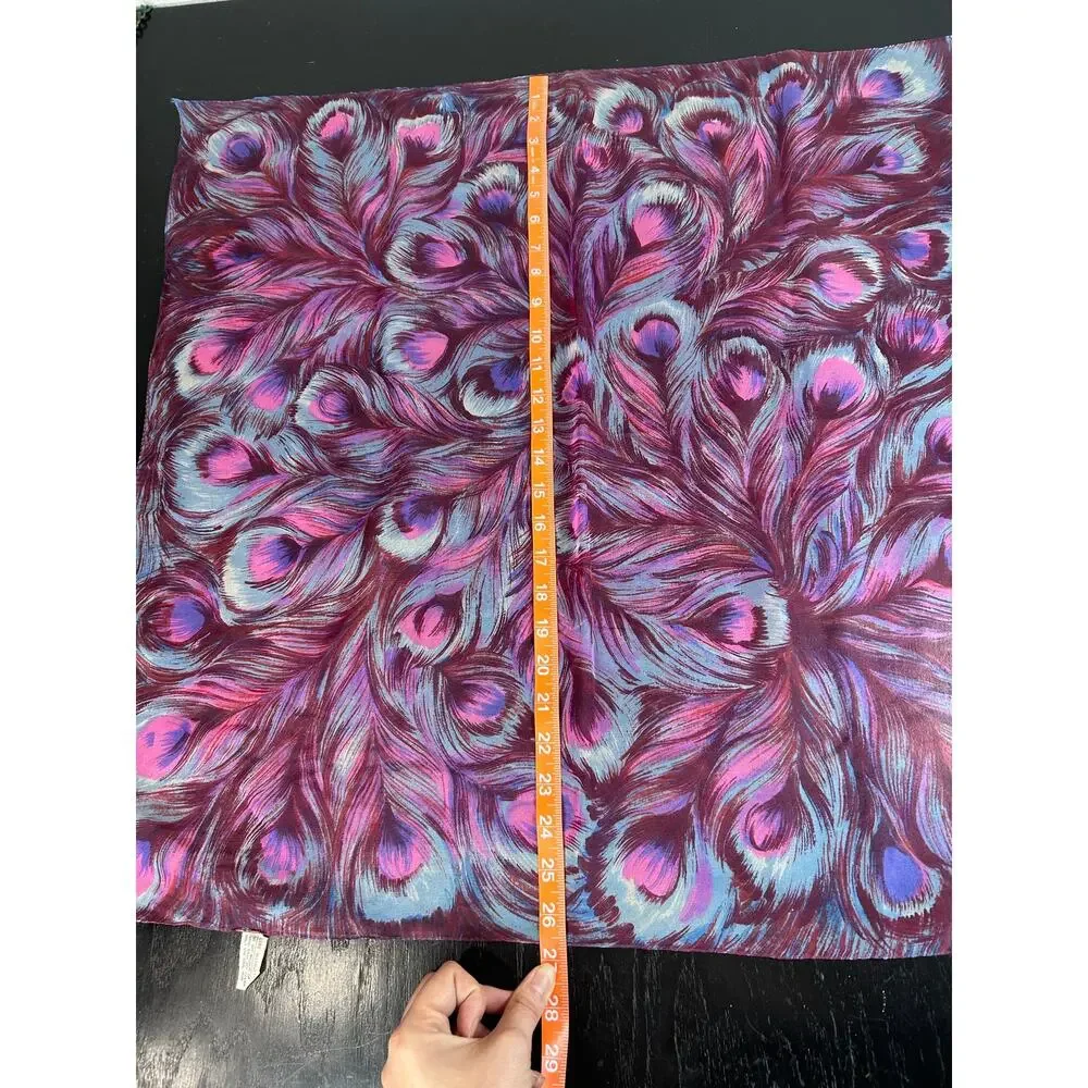 Vintage Scarf - Square- Nylon Vibrant Feather design- Purple blue pink- 27x27